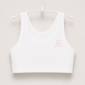 Gently first bra in white with embroidered bear logo, seamless wire-free longline crop on a hanger