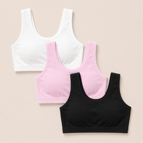 The Cotton One in white, pink and black - cotton training bras for girls, shown flat