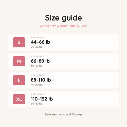 The Cotton One size guide: S 44-66 lb, M 66-88 lb, L 88-110 lb, XL 110-132 lb