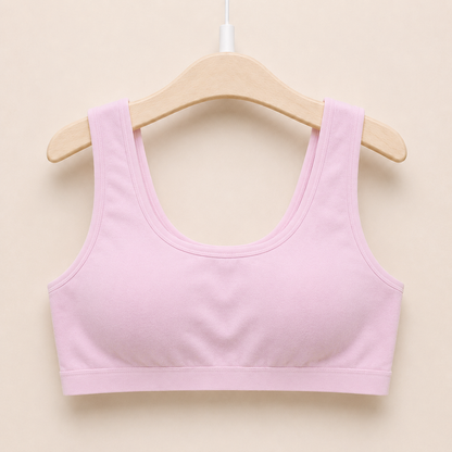 The Cotton One in soft pink on a hanger - wire-free cotton training bra for girls