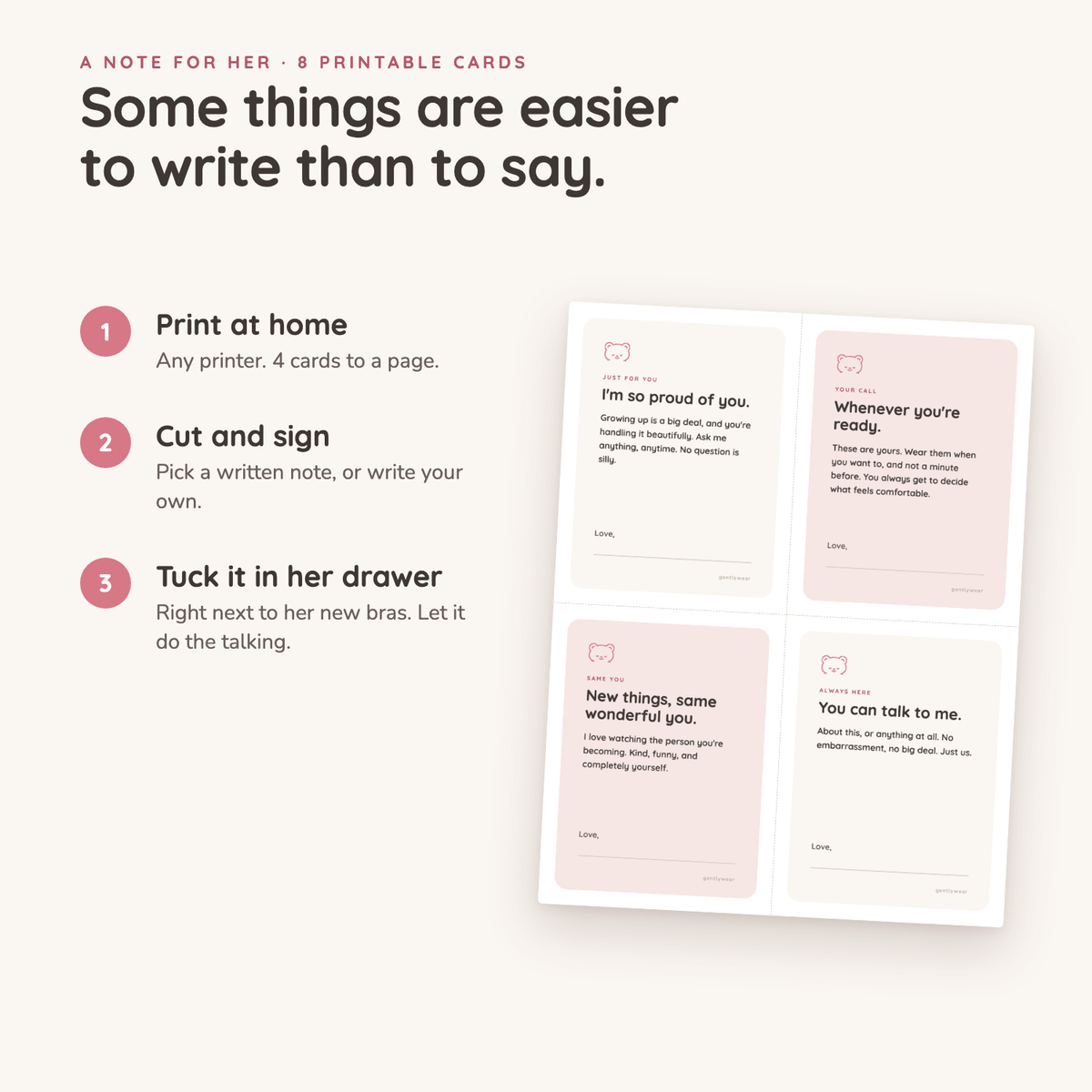 How it works: print, cut and sign, tuck it in her drawer