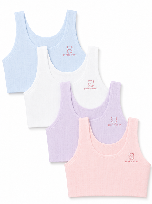 Gently first bra shown in all four colours: white, powder blue, blush pink and lilac