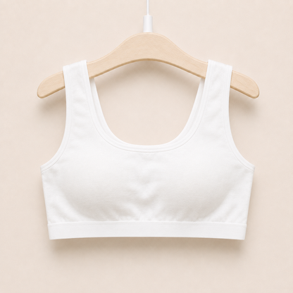 The Cotton One in white on a hanger - wire-free cotton training bra for girls