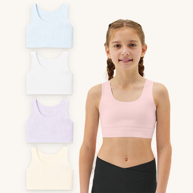The Gently first bra in ice blue, white, lilac and beige, with a girl wearing the pink