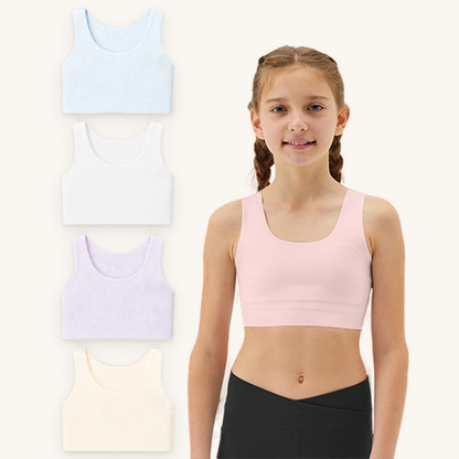 The Gently first bra in ice blue, white, lilac and beige, with a girl wearing the pink