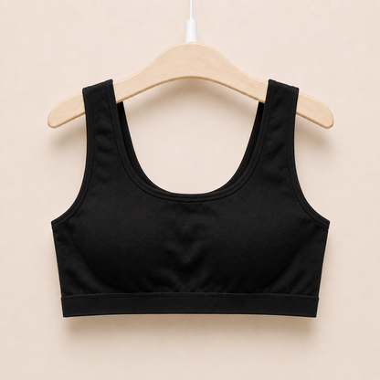The Cotton One in black on a hanger - wire-free cotton training bra for girls