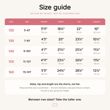Gently Play Shorts size guide: sizes 120 to 160 by height and age, with height, garment waist, hip and length shown in inches with centimetres underneath