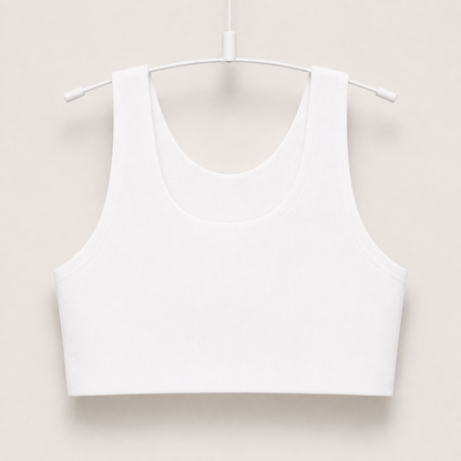 Gently first bra in white, seamless wire-free longline crop on a hanger